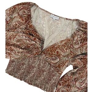 Gianni Bini Womens Paisley Smocked Waist‎ V-Neck Crop Top Peasant Western Boho
